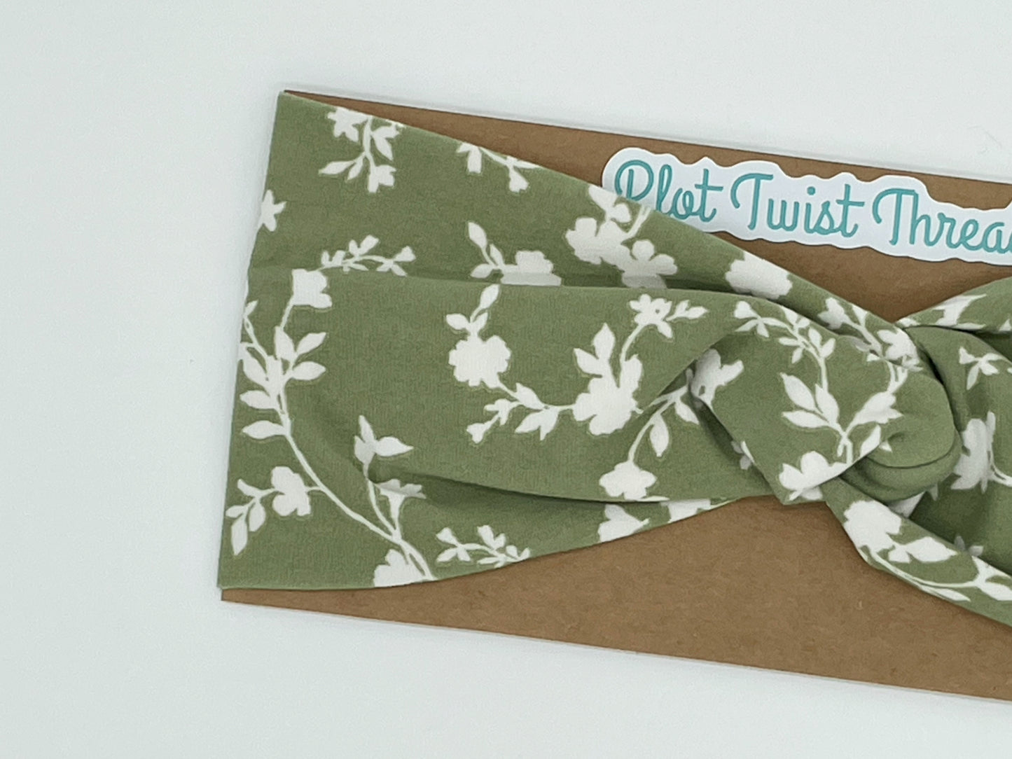 Adult Knot Headband - Green with White Flowers