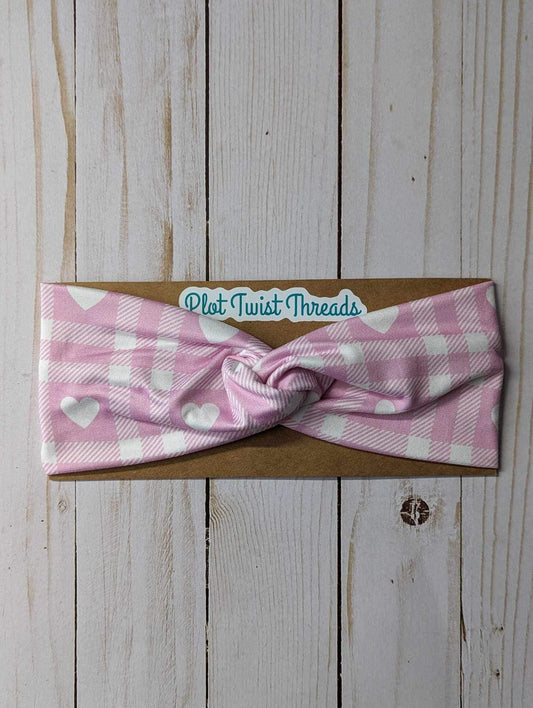 Adult Knot Headband - Pink Gingham with Hearts