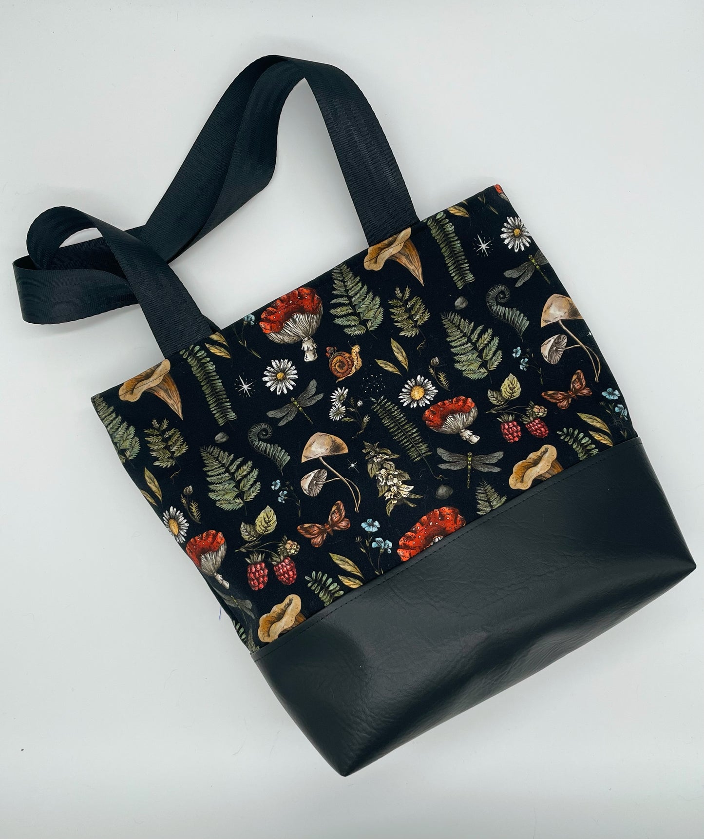 Forest Mushrooms Canvas with Black Vinyl Tote - Shoulder Bag - Purse