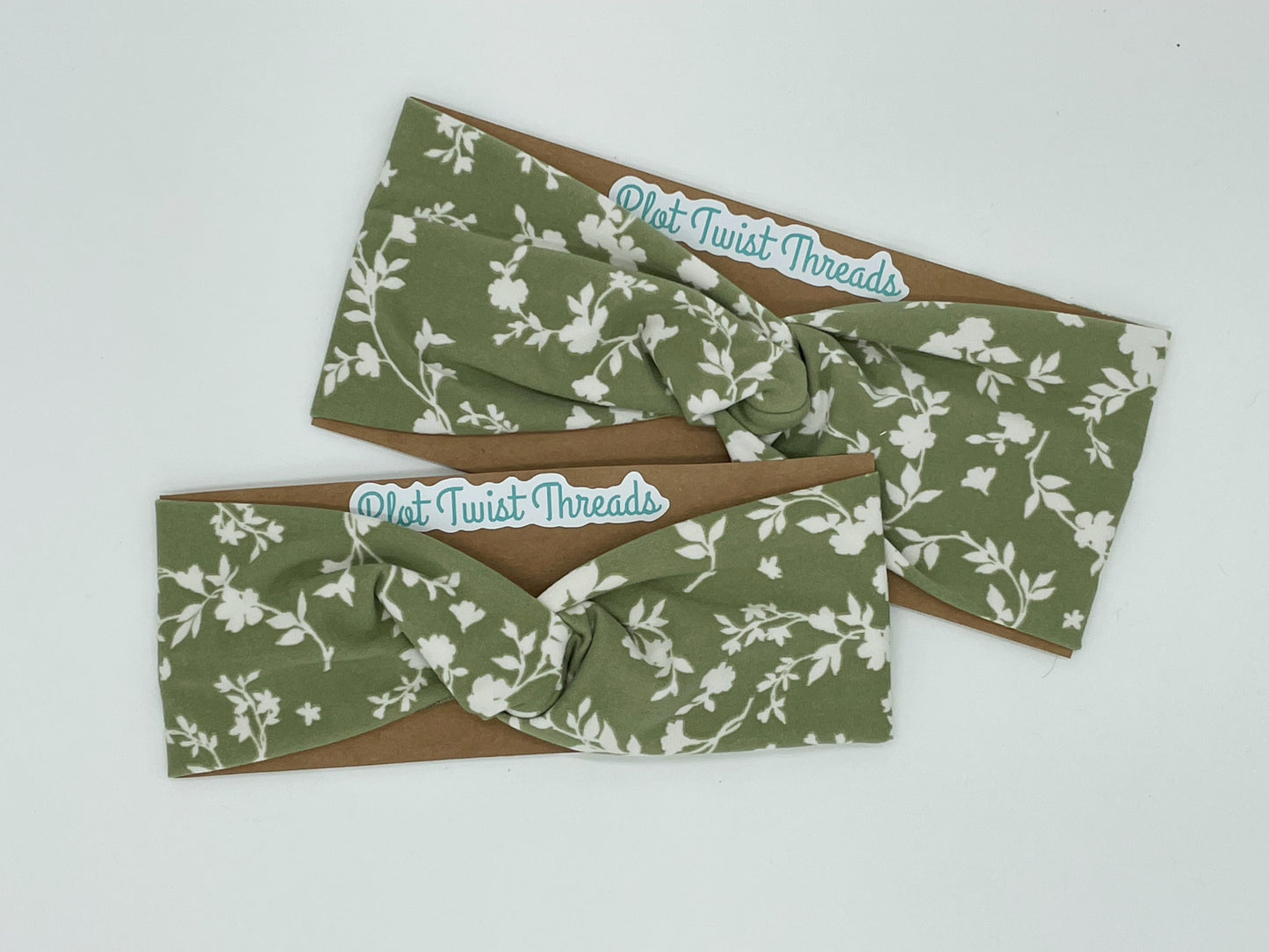 Adult Knot Headband - Green with White Flowers