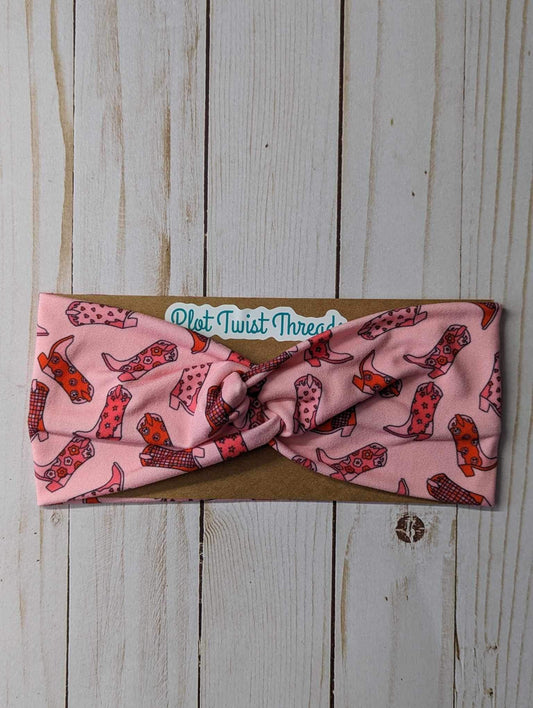 Adult Knot Headband - Pink Cowgirl Boots