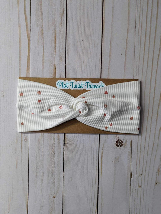 Adult Knot Headband - White Rib Knit with Tiny Hearts