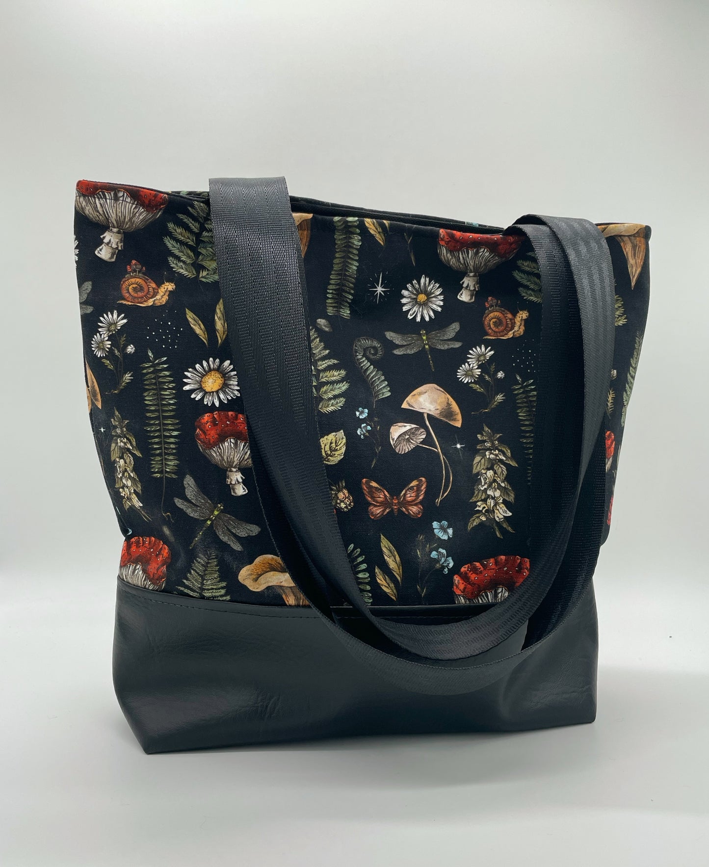 Forest Mushrooms Canvas with Black Vinyl Tote - Shoulder Bag - Purse