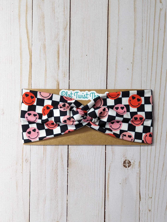 Adult Knot Headband - Heart Eye Smileys on Checks