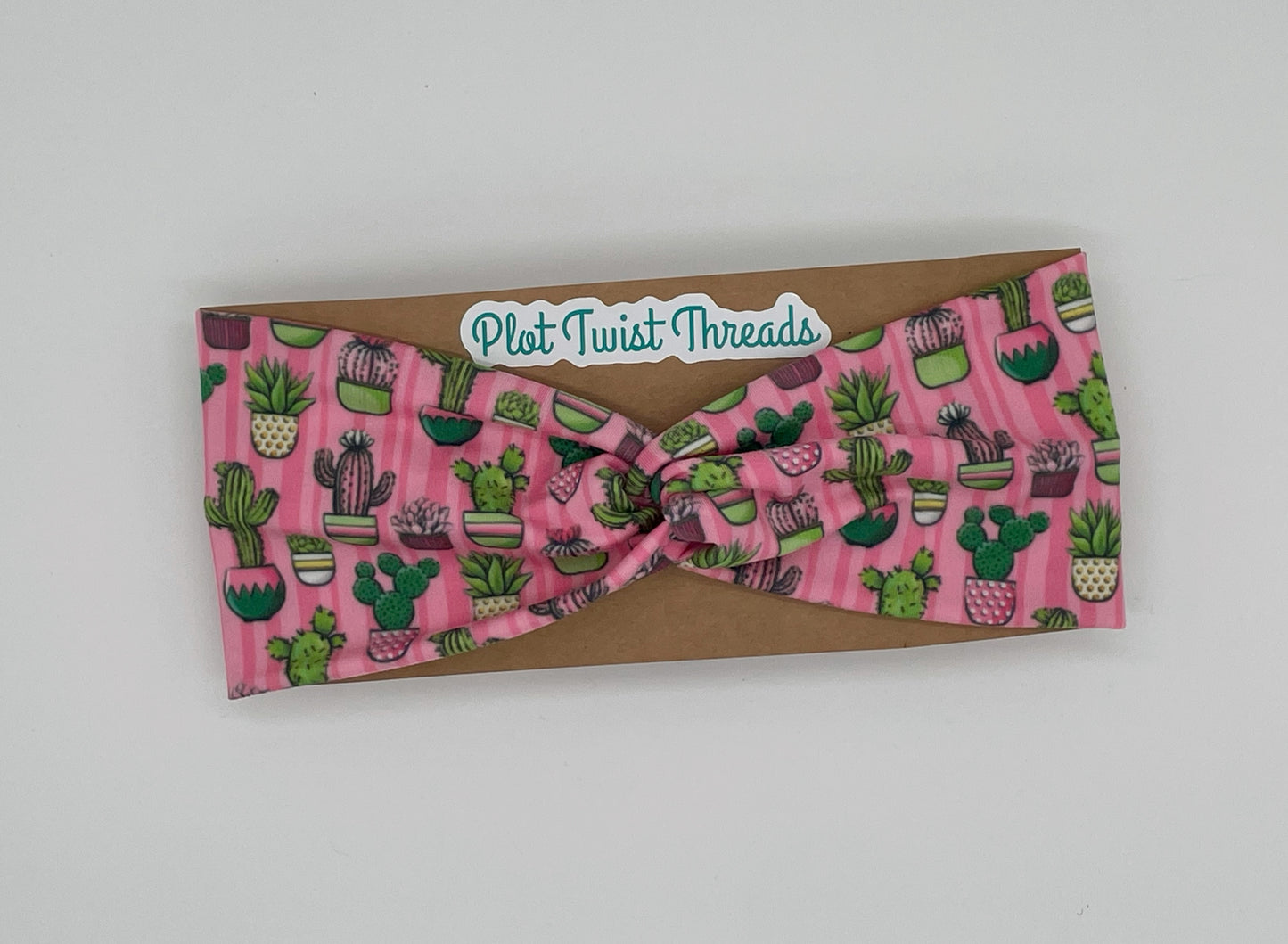 Adult Knot Headband - Pink Stripe Succulents