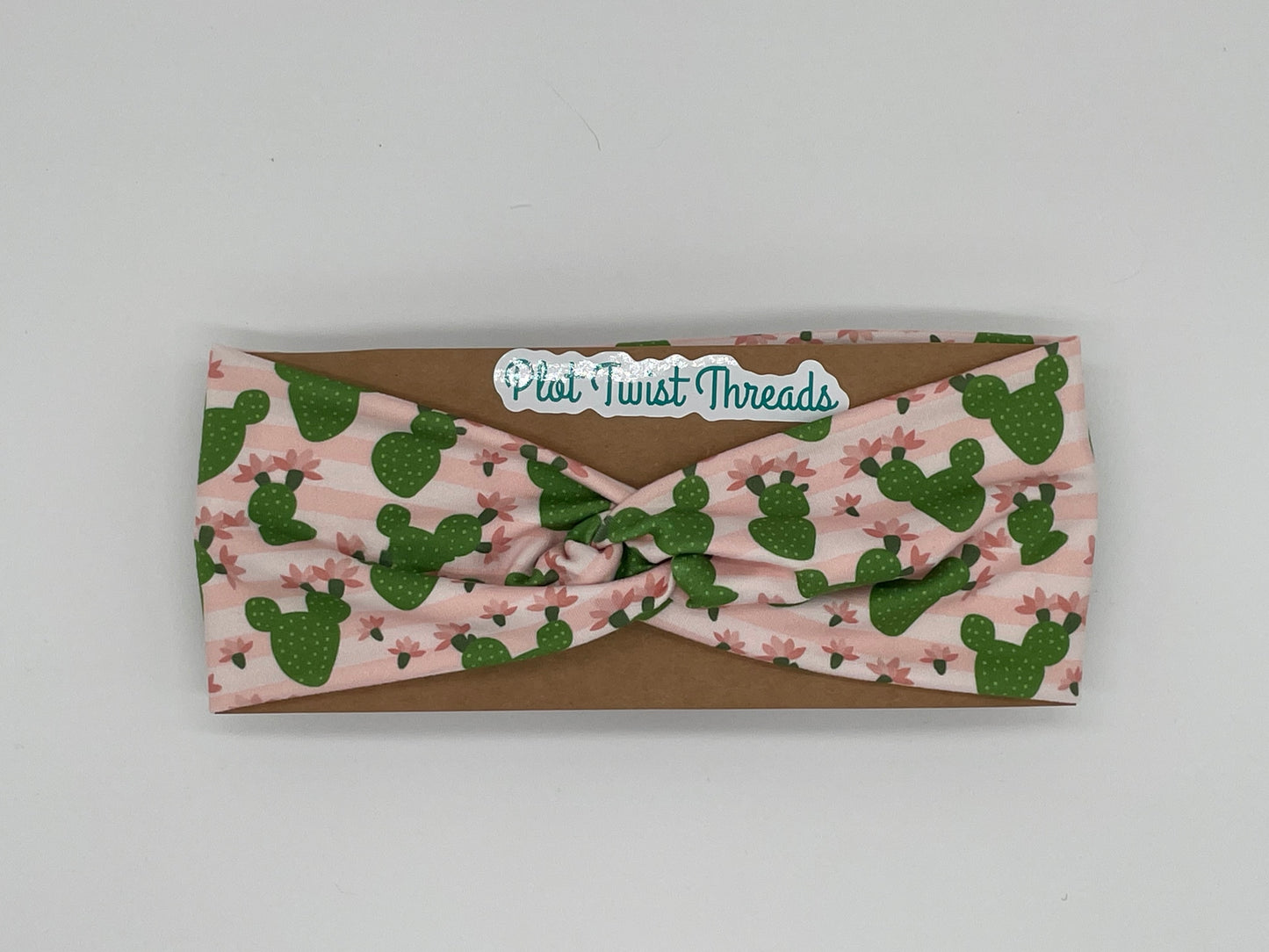 Adult Knot Headband - Cacti on Pink Stripes