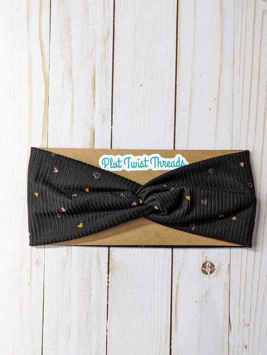 Adult Knot Headband - Black Rib Knit with Tiny Hearts