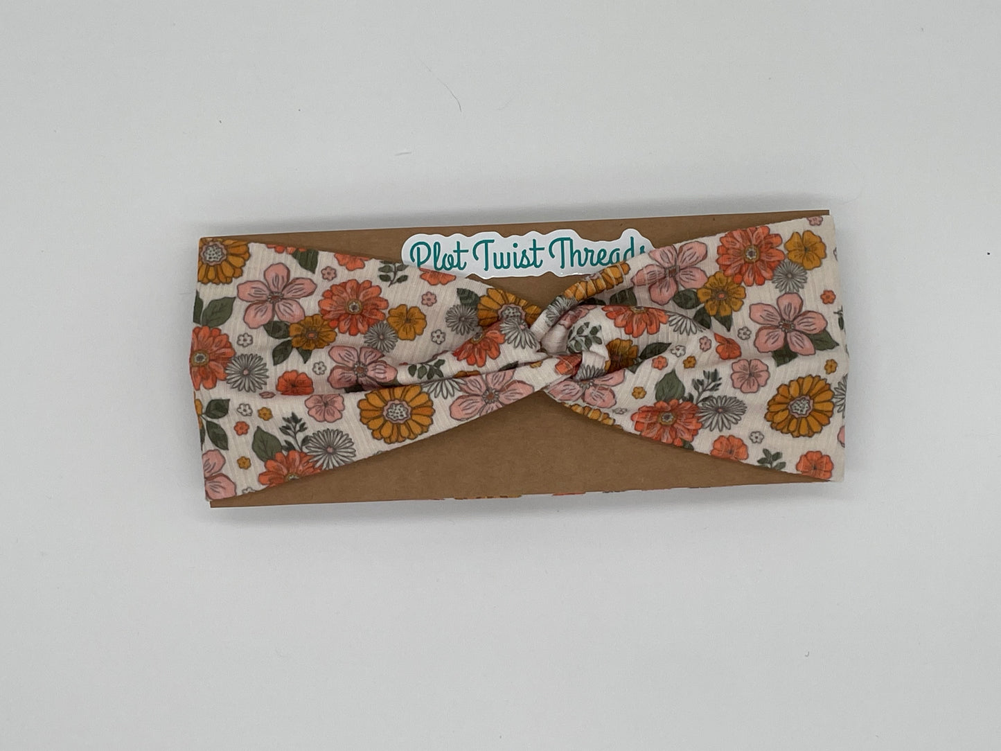 Adult Knot Headband - Orange Daisies Rib Knit