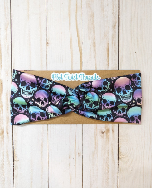 Adult Knot Headband - Purple/Blue Neon Skulls