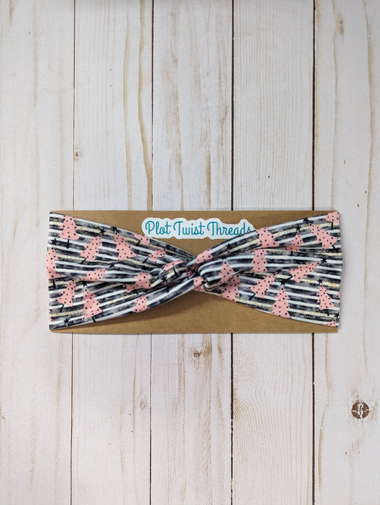 Adult Headband - Pink Christmas Trees - Black and White Stripes