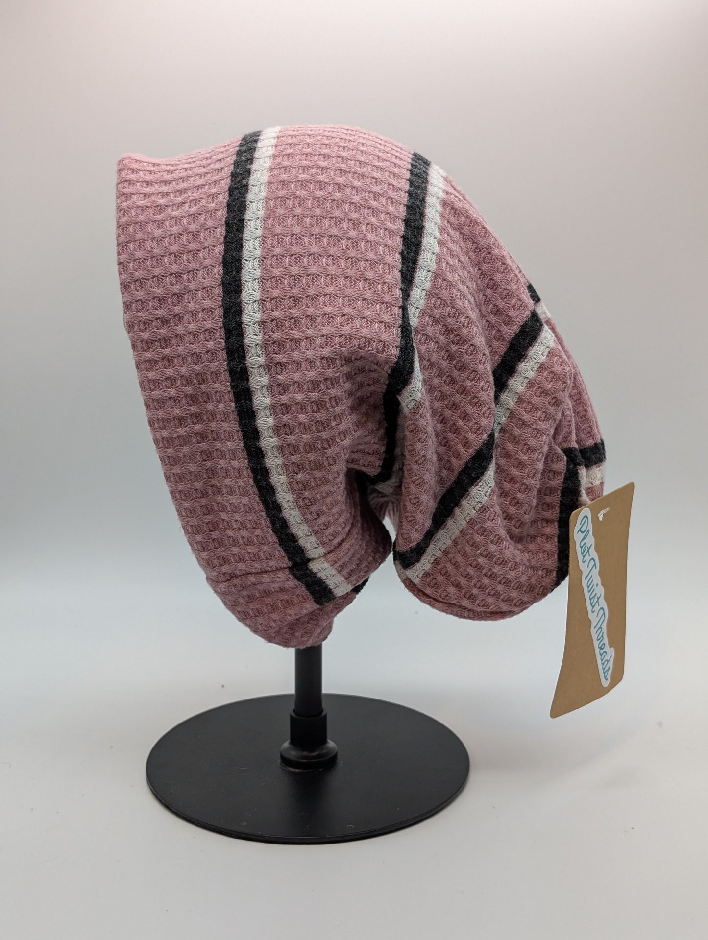 Adult Beanie Pink/Black Stripe Waffle Knit