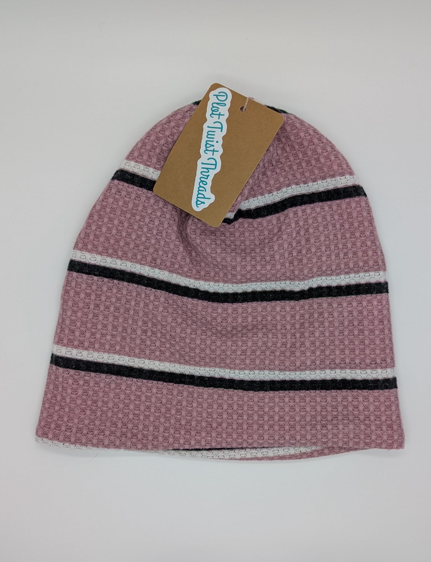 Adult Beanie Pink/Black Stripe Waffle Knit