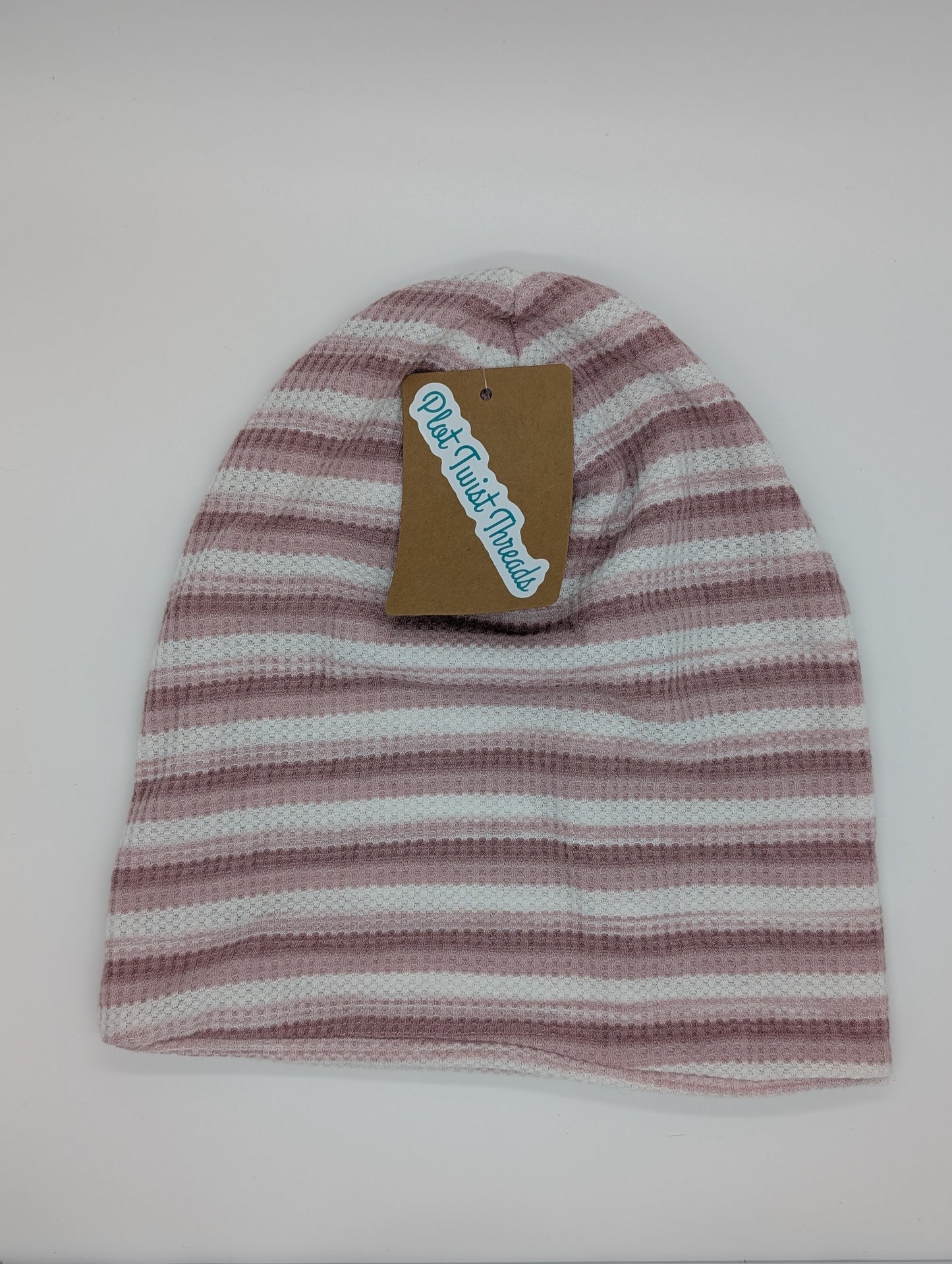 Adult Beanie Pink/White Stripe Waffle Knit