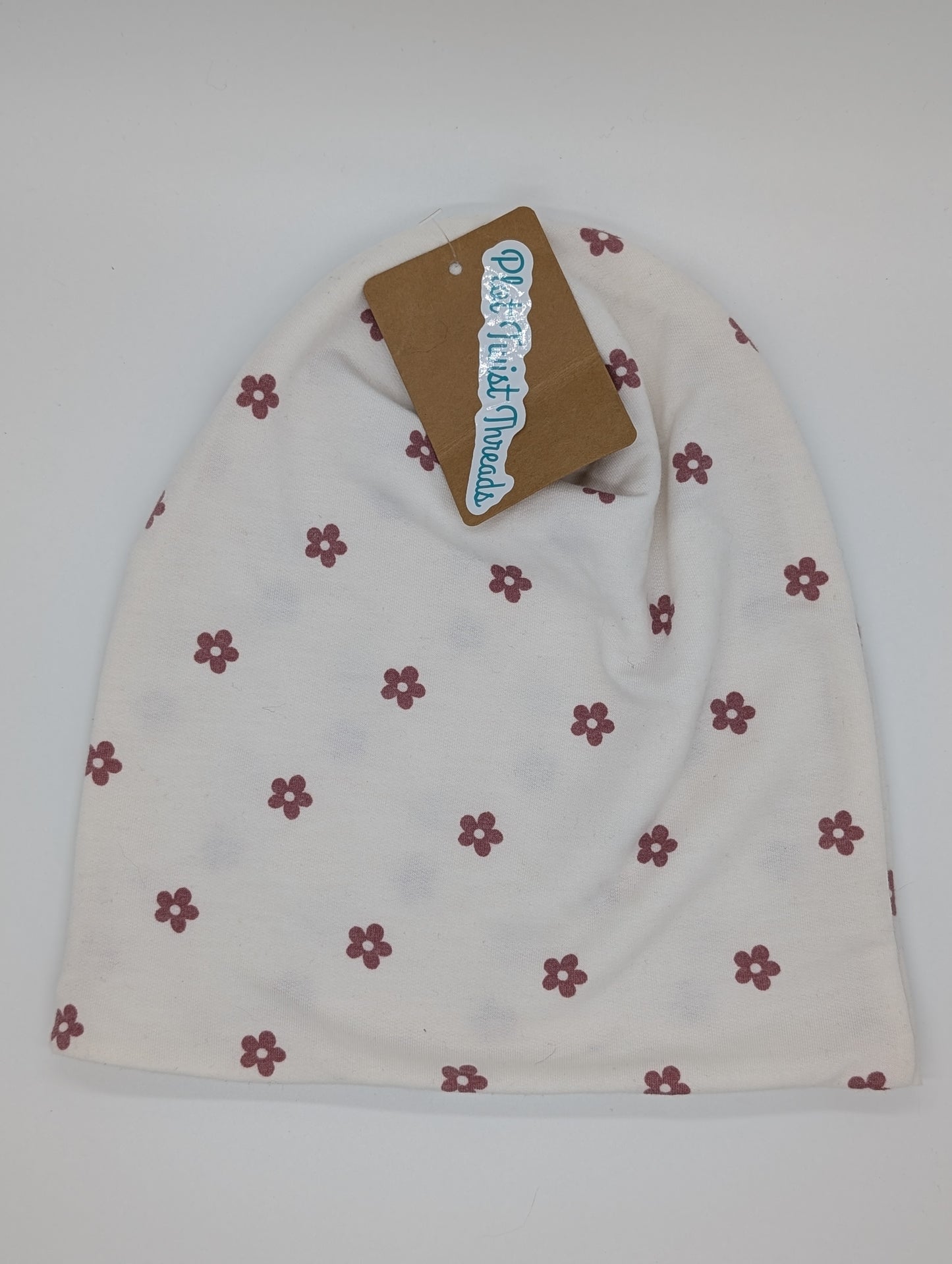 Adult Beanie White with Pink Flowers