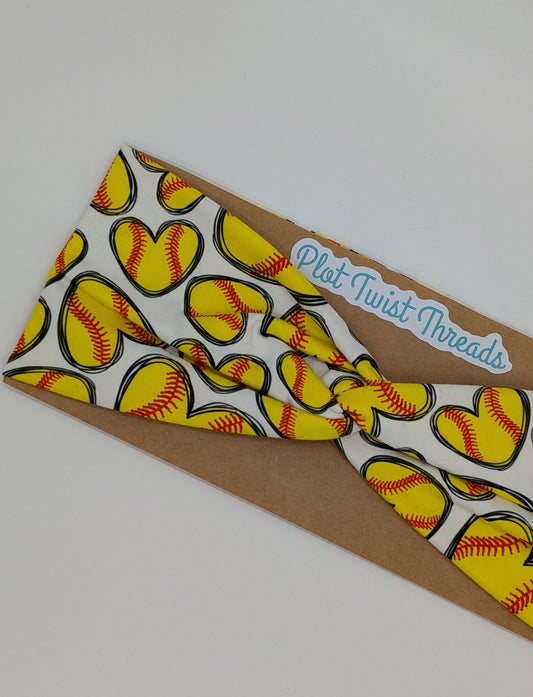 Adult Twist Headband - Softball Hearts