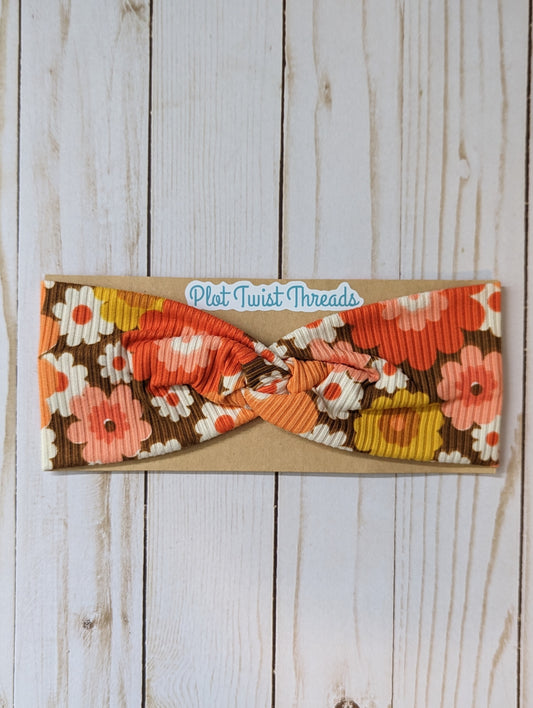 Adult Knot Headband - Rib Knit - Retro Floral Bright