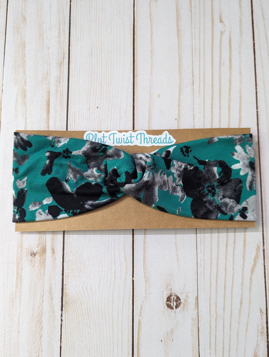 Adult Knot Headband - Green w/ Black & White Flowers