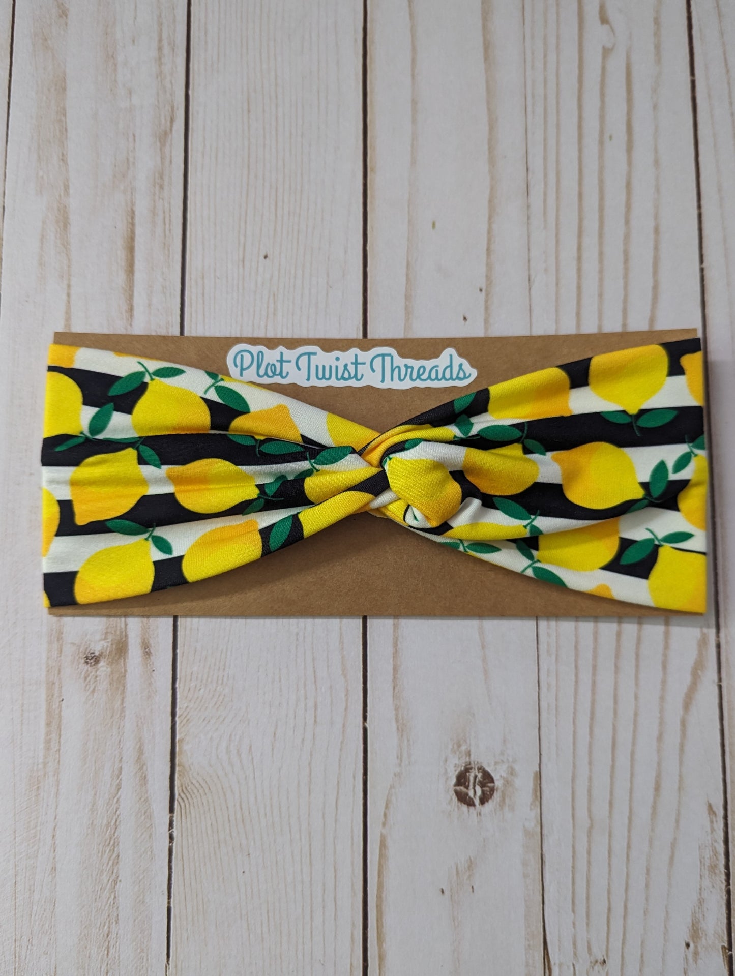 Adult Knot Headband - Lemons B&W Stripes