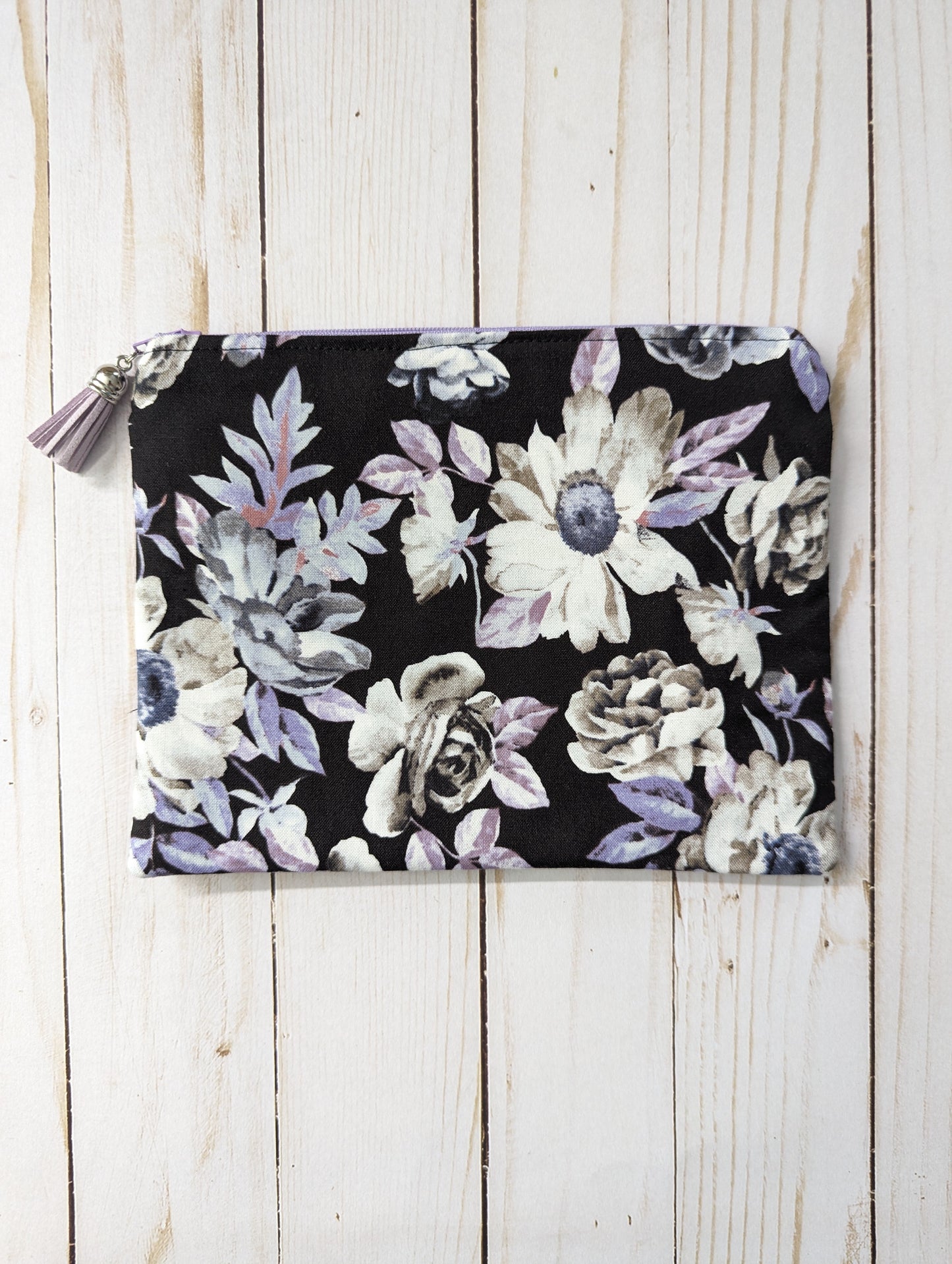 Zipper Bag - Black with Gray & Purple Flowers