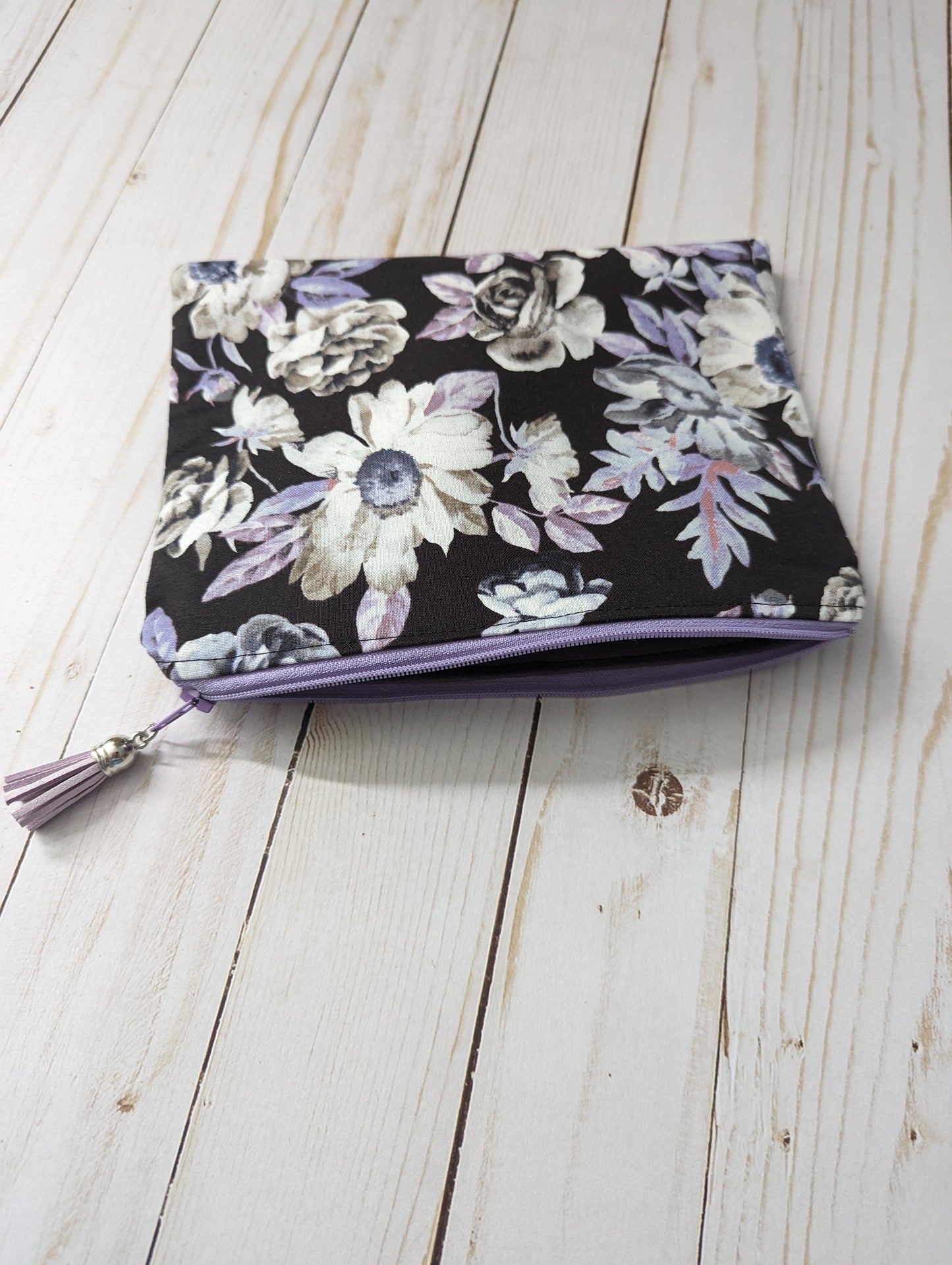 Zipper Bag - Black with Gray & Purple Flowers
