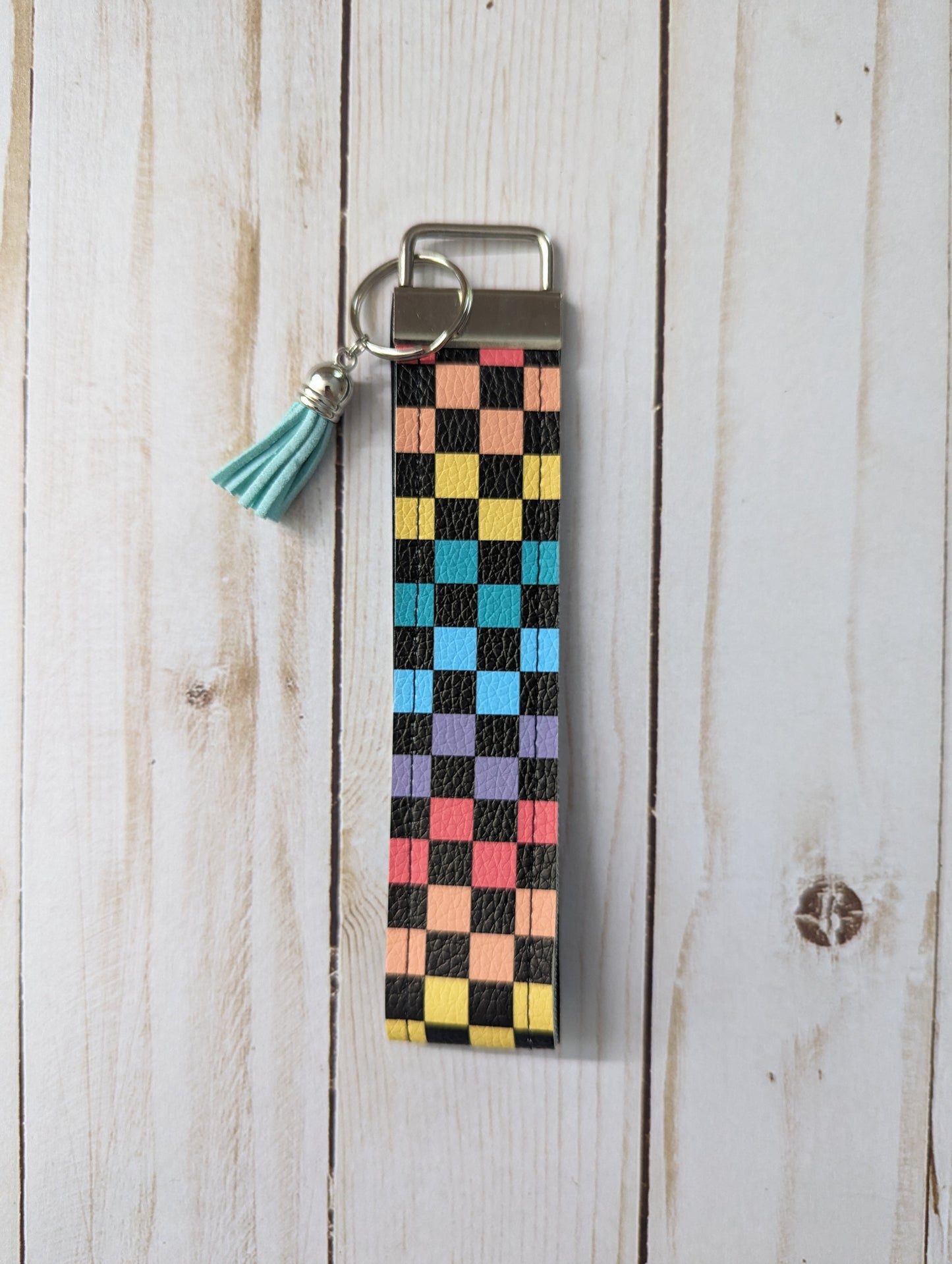 Wristlet Key Fob - Faux Leather Key Fob - Rainbow Checkered