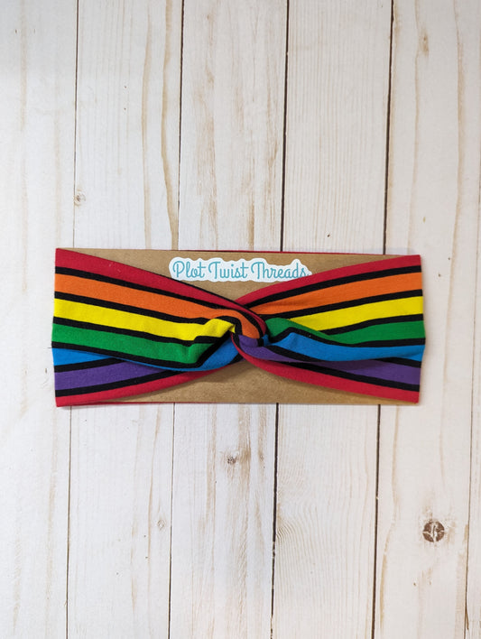 Adult Knot Headband - Rainbow and Black Stripes