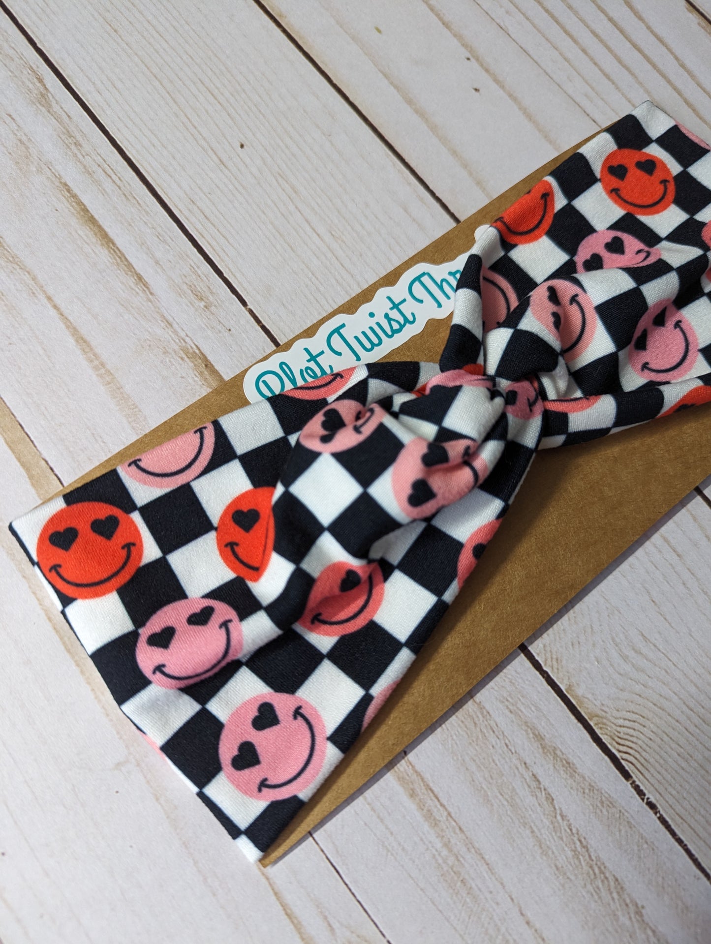 Adult Knot Headband - Heart Eye Smileys on Checks