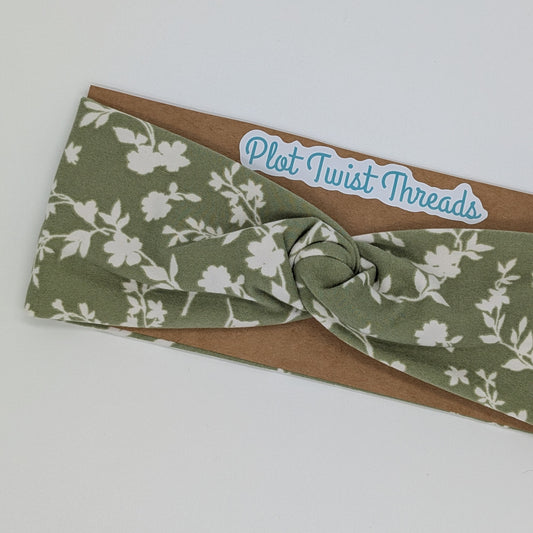 Youth Twist Headband - Green with White Flowers