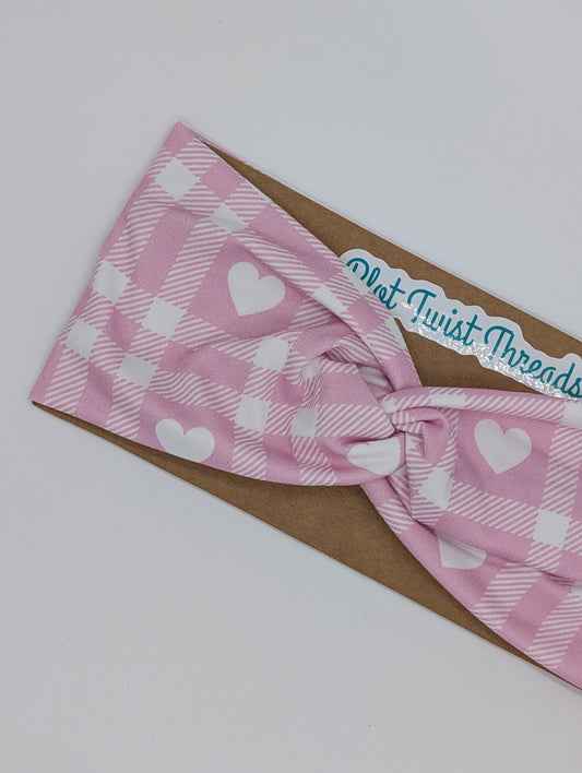 Adult Twist Headband - Pink Gingham with Hearts