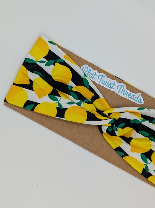 Adult Twist Headband - Lemons B&W Stripes