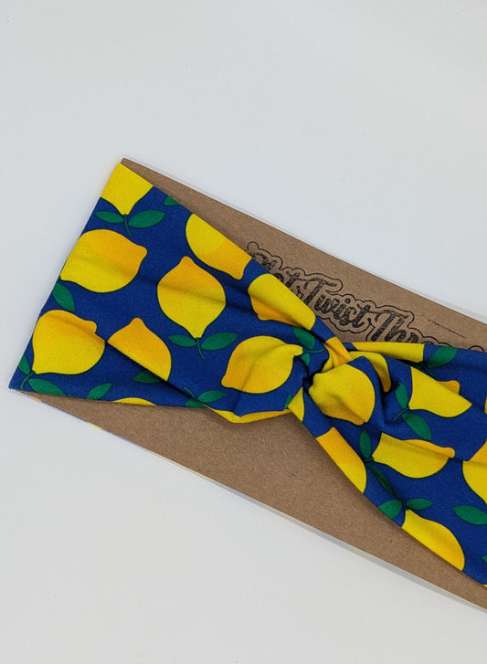 Adult Twist Headband - Lemons on Blue