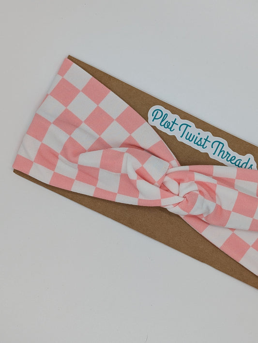 Adult Twist Headband - Checkered Pink and White