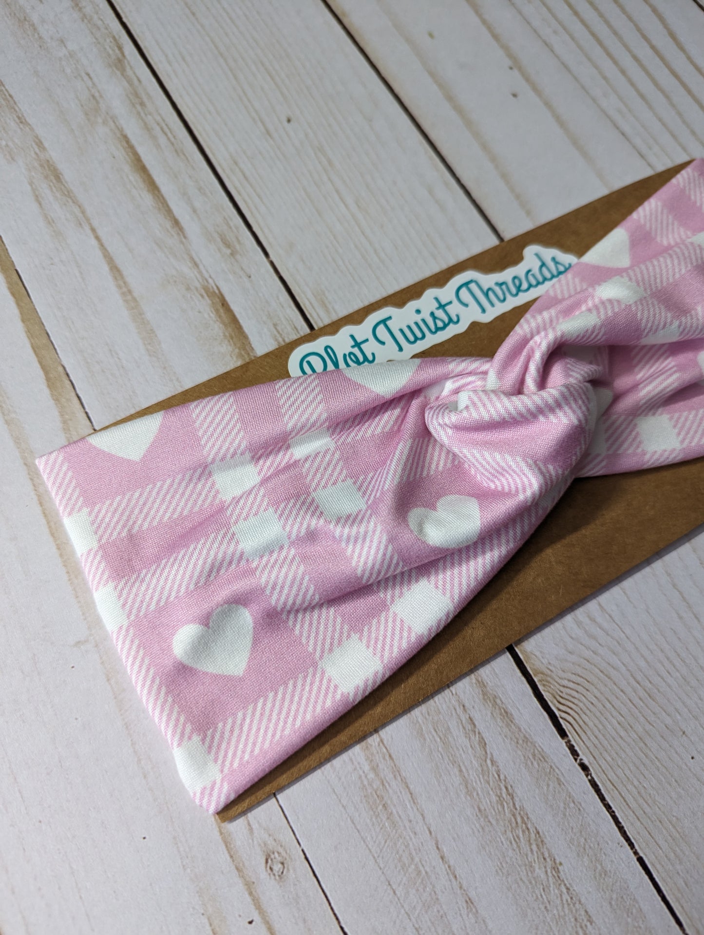 Adult Knot Headband - Pink Gingham with Hearts