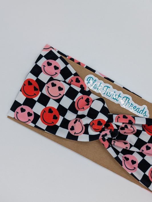 Adult Twist Headband - Checkered Heart Eye Smileys