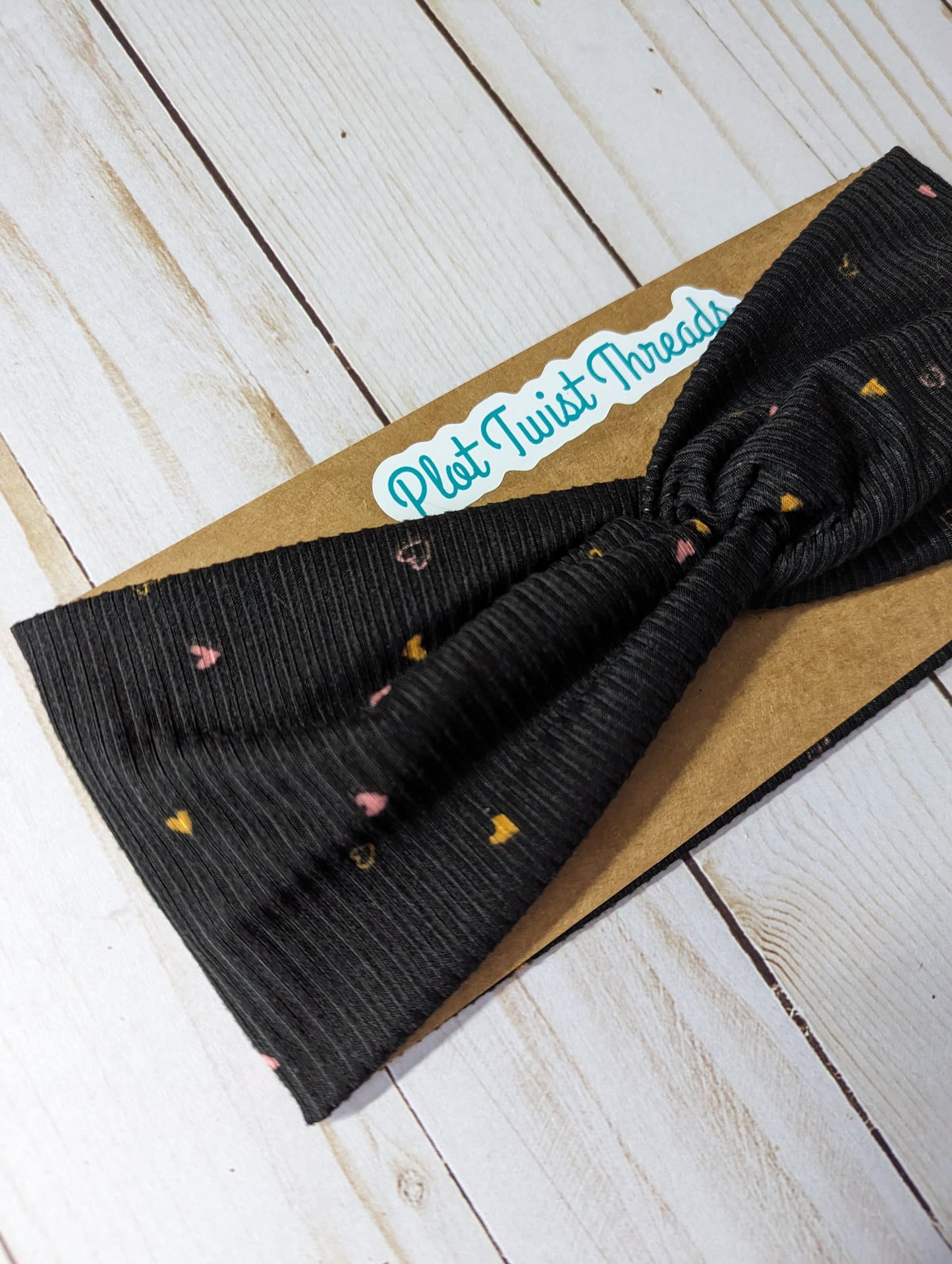 Adult Knot Headband - Black Rib Knit with Tiny Hearts