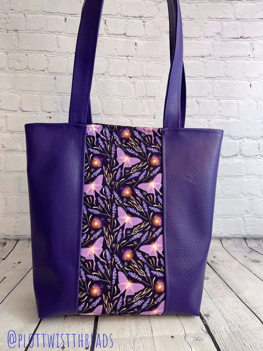 Canvas and Vinyl Tote - Shoulder Bag - Purple Moths & Lavender